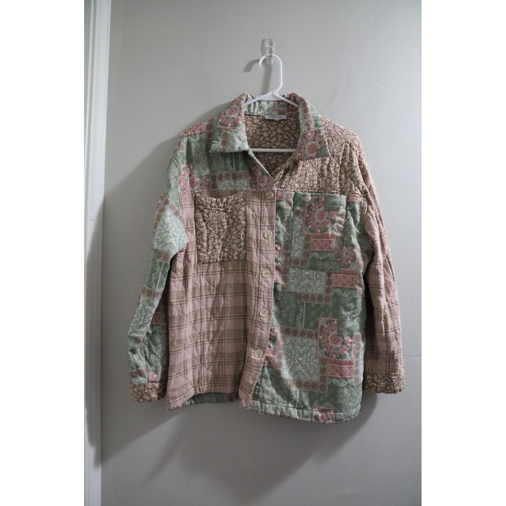 Polagram Patchwork Button-Down Shirt Jacket in Dusty Pink and Sage Green